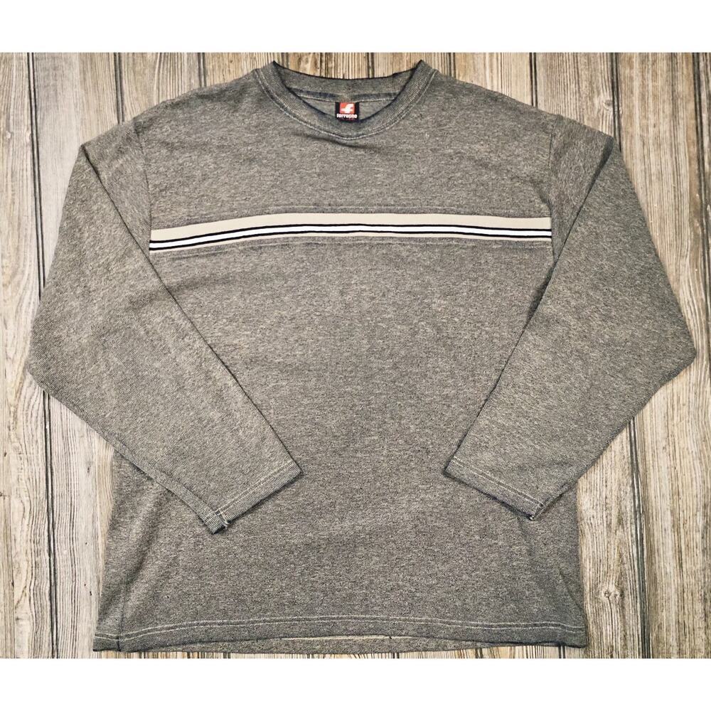 Ferruche Sweater Mens XL Blue Gray Tan Vintage 90s Y2K Crewneck Stripe LS Preppy